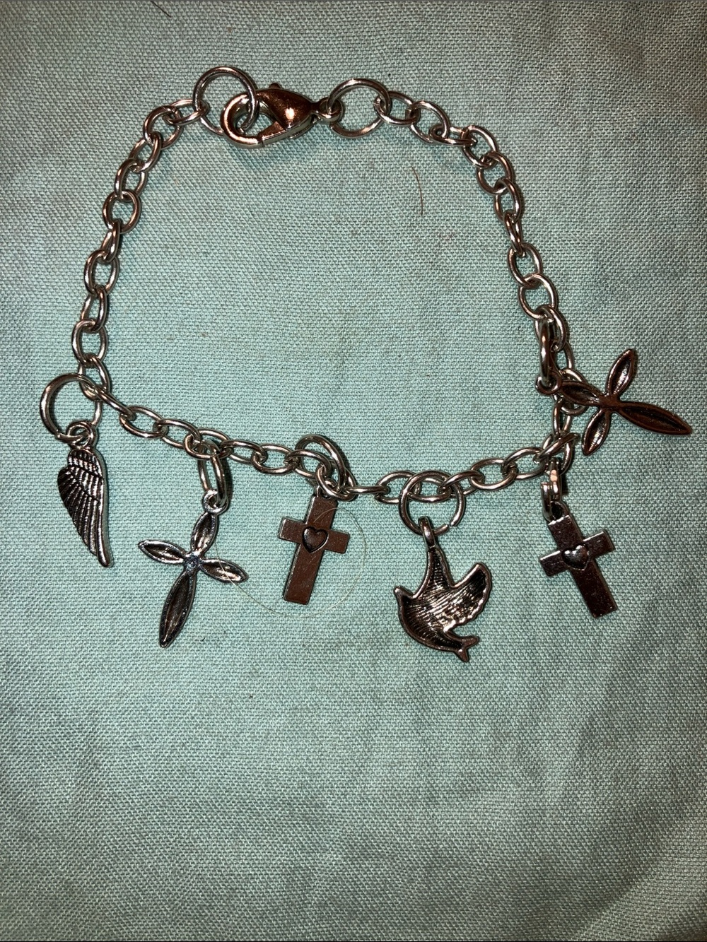 Silver Tone Religious Charm Bracelet - Cross, Dove & Wings